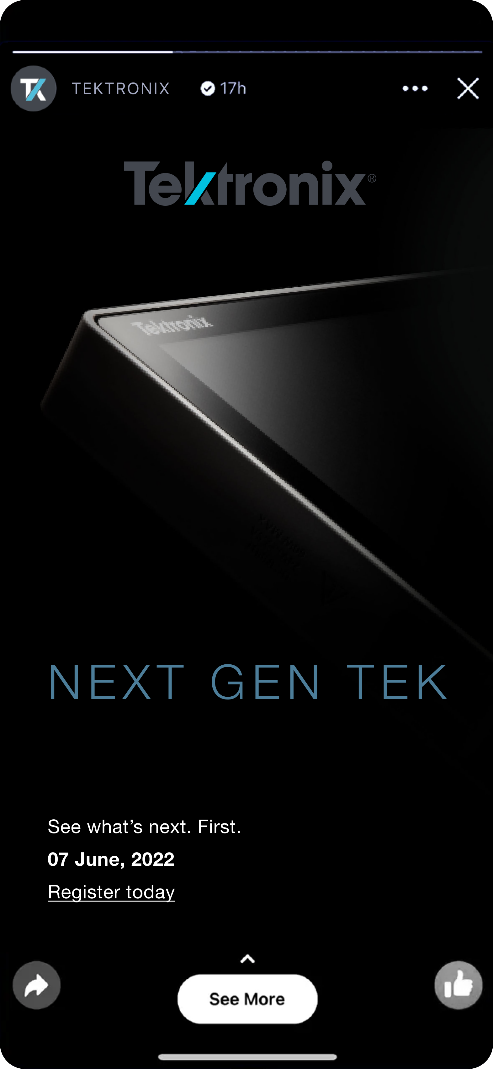 Promotional image for Tektronix showcasing the "Next Gen Tek" product launch event scheduled for June 7, 2022, with a sleek, modern device design against a dark background.